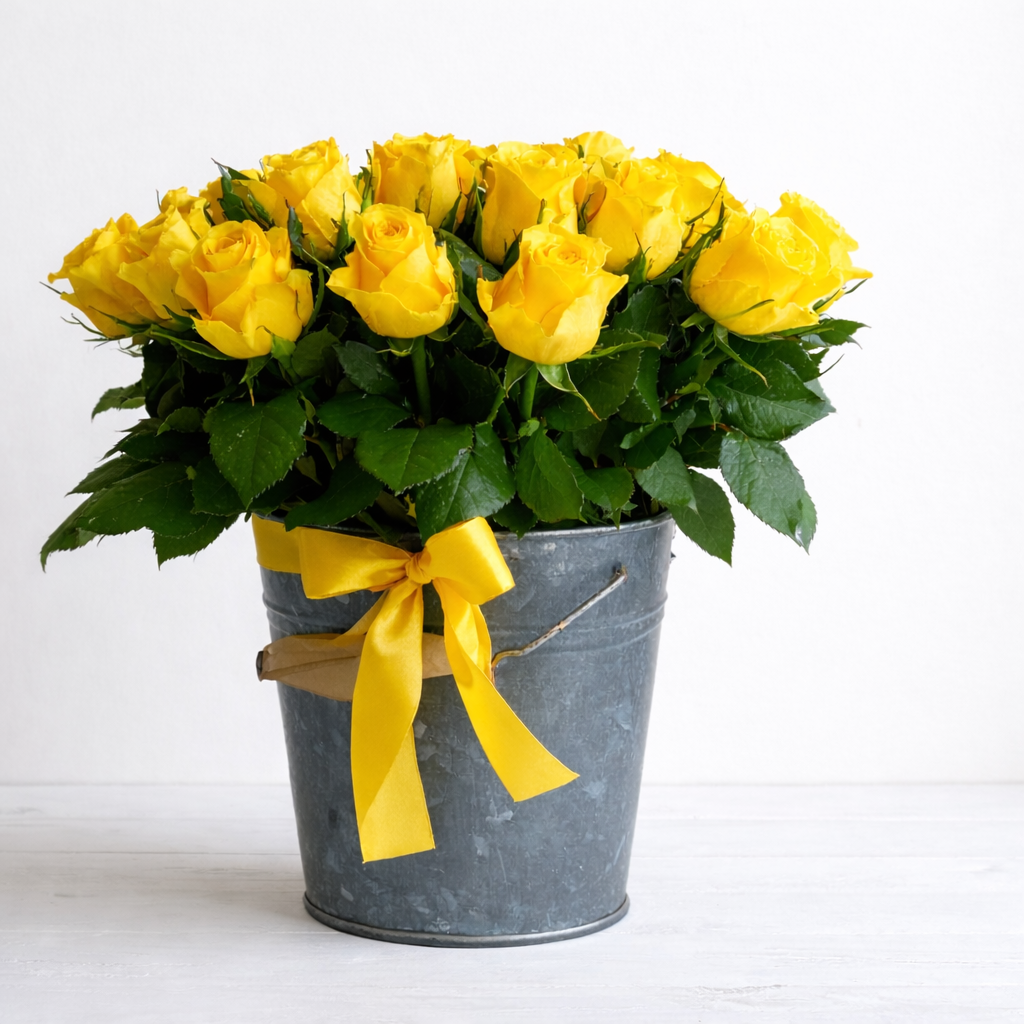 Regala sonrisas Cesta metálica con rosas amarillas y lazo decorativo sobre fondo neutro