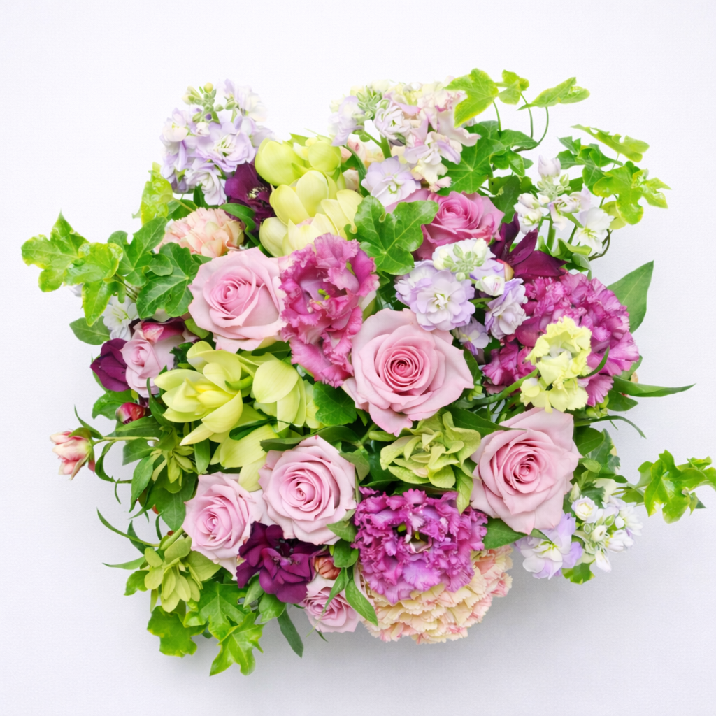 Un regalo delicado para alguien especial Ramo de flores variadas en tonos rosas y blancos, vista cenital, preparado para regalo.