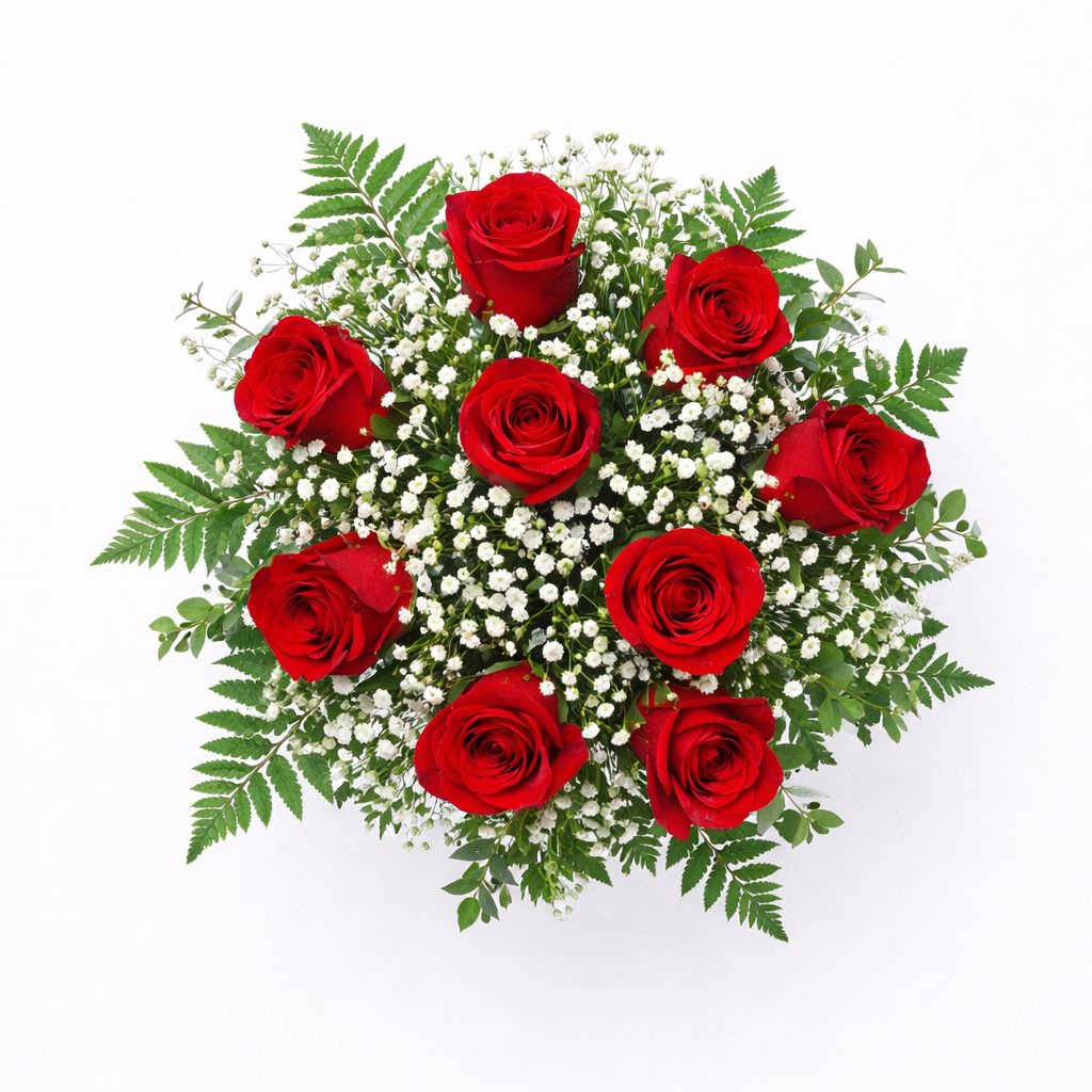 Un clásico para decir “te quiero” Ramo de rosas rojas con paniculata (vista cenital) de floristería en Madrid