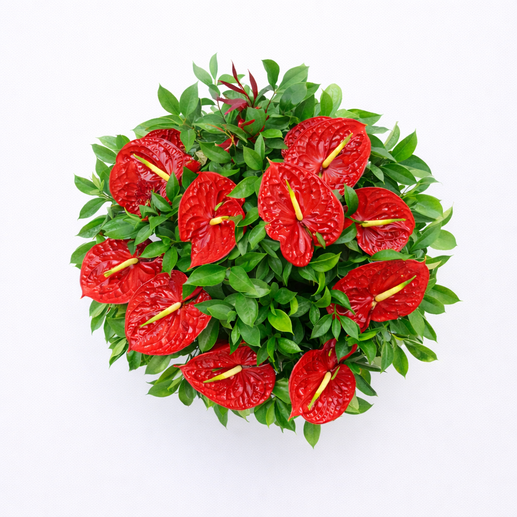 Un detalle con personalidad Ramo de anthurium rojo y verdes en vista cenital, arreglo floral vistoso y elegante.