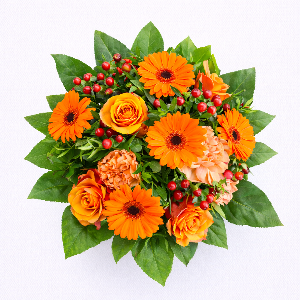 Regala energía y vitalidad Ramo de flores naranjas en vista cenital, composición floral alegre y vibrante.