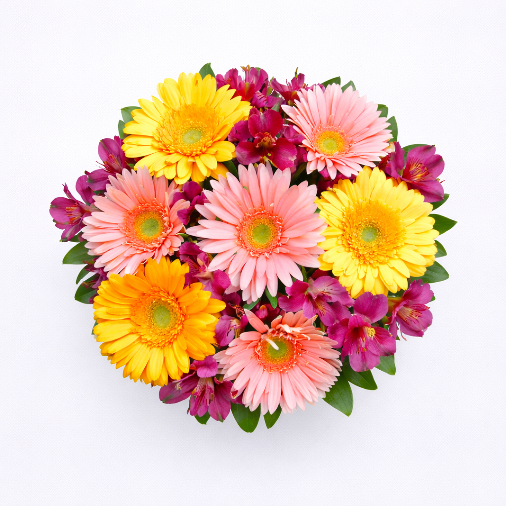 Un regalo que siempre funciona Ramo de gerberas de colores en vista cenital, flores frescas y alegres para regalo.