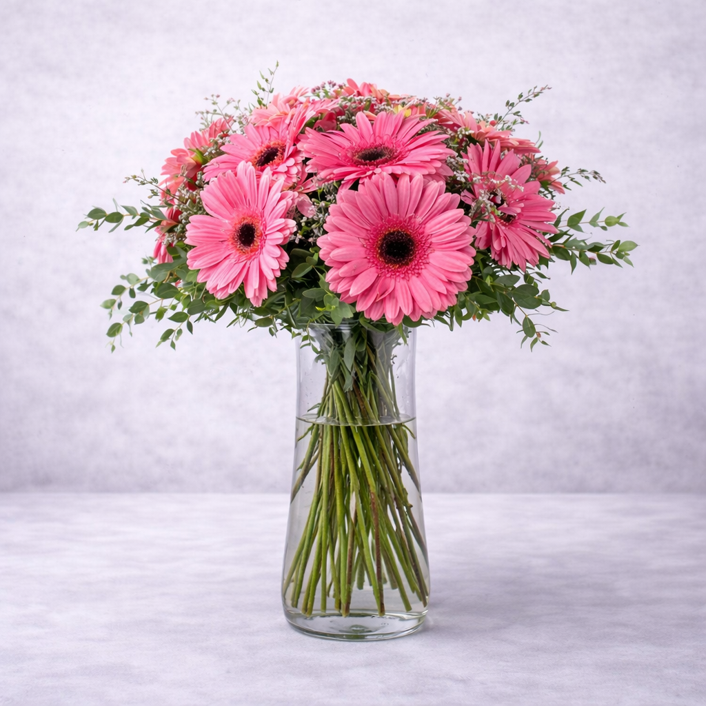 Para mamá Jarrón de cristal con gerberas rosas y flores verdes sobre fondo neutro