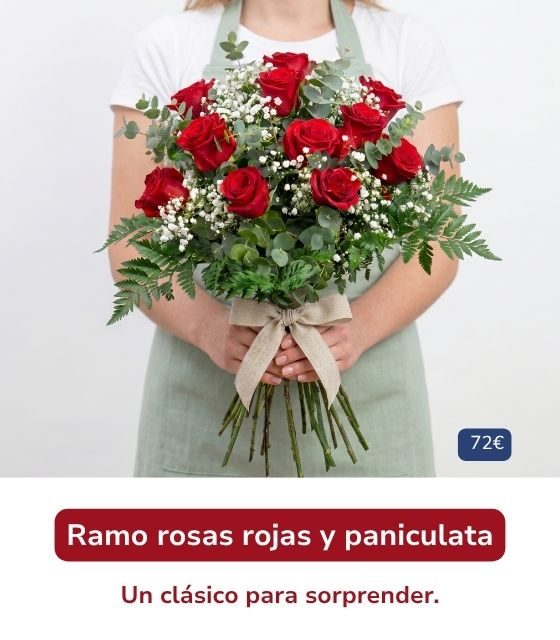 Ramo de rosas rojas y paniculata Ramo de rosas rojas con paniculata blanca y hojas verdes, sostenido con ambas manos por un florista