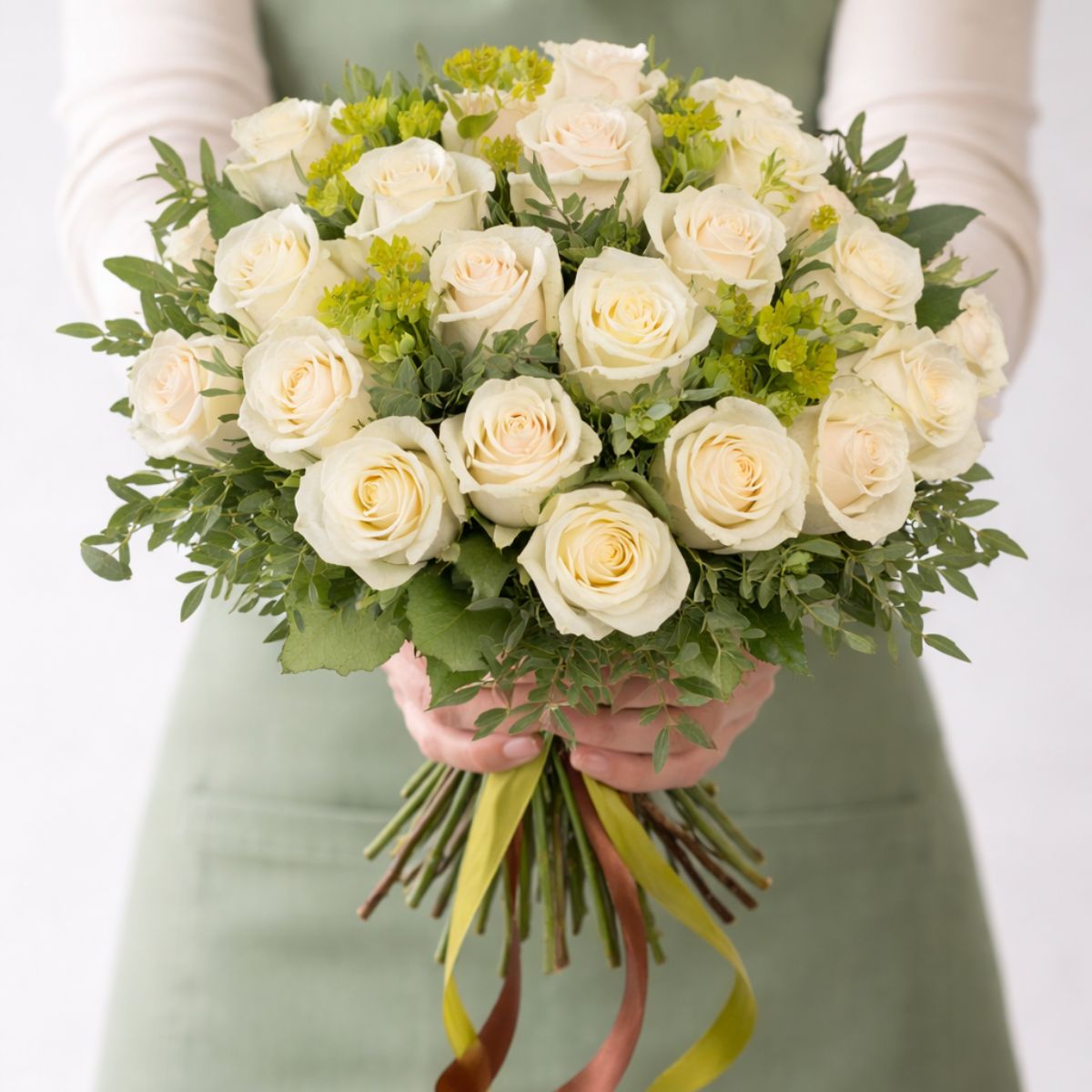 Ramo Oslo Ramo de rosas blancas y flores mixtas, sujetas por un florista