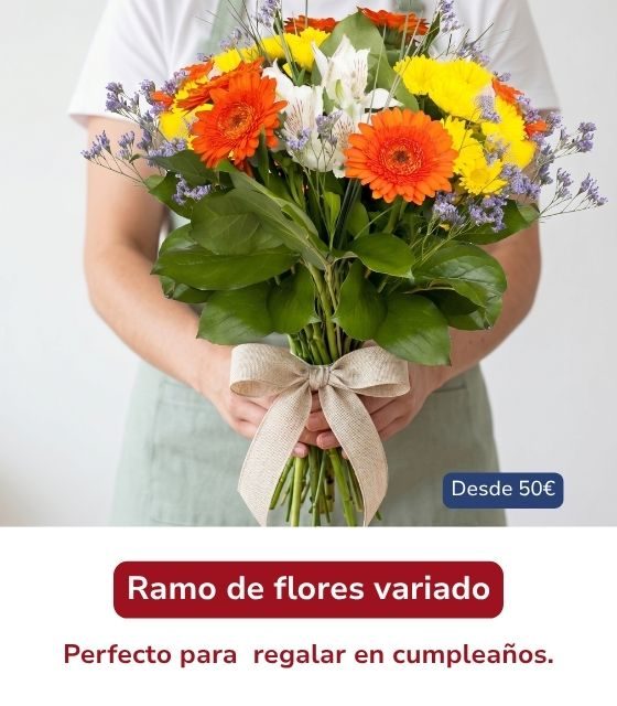 Ramo de flores variado Ramo de flores variadas con alstroemeria, margaritas, statice y flores mixtas, sostenido con ambas manos por un florista