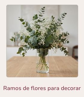 Ramo de flores para decorar. Ramo de eucalipto y paniculata colocado en un jarrón encima de una mesa clara decorando un salón.